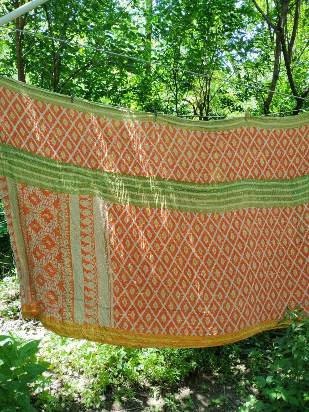 Kantha Quilt Tangerine Green 2 Layer Thin Cotton Handmade In India New K182.